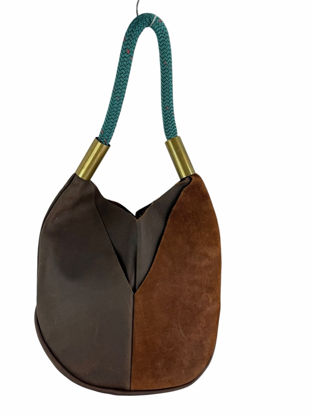 WILDWOOD OYSTER CO Brown Leather and Suede Shoulder Bag Seaside Teal Dock Rope